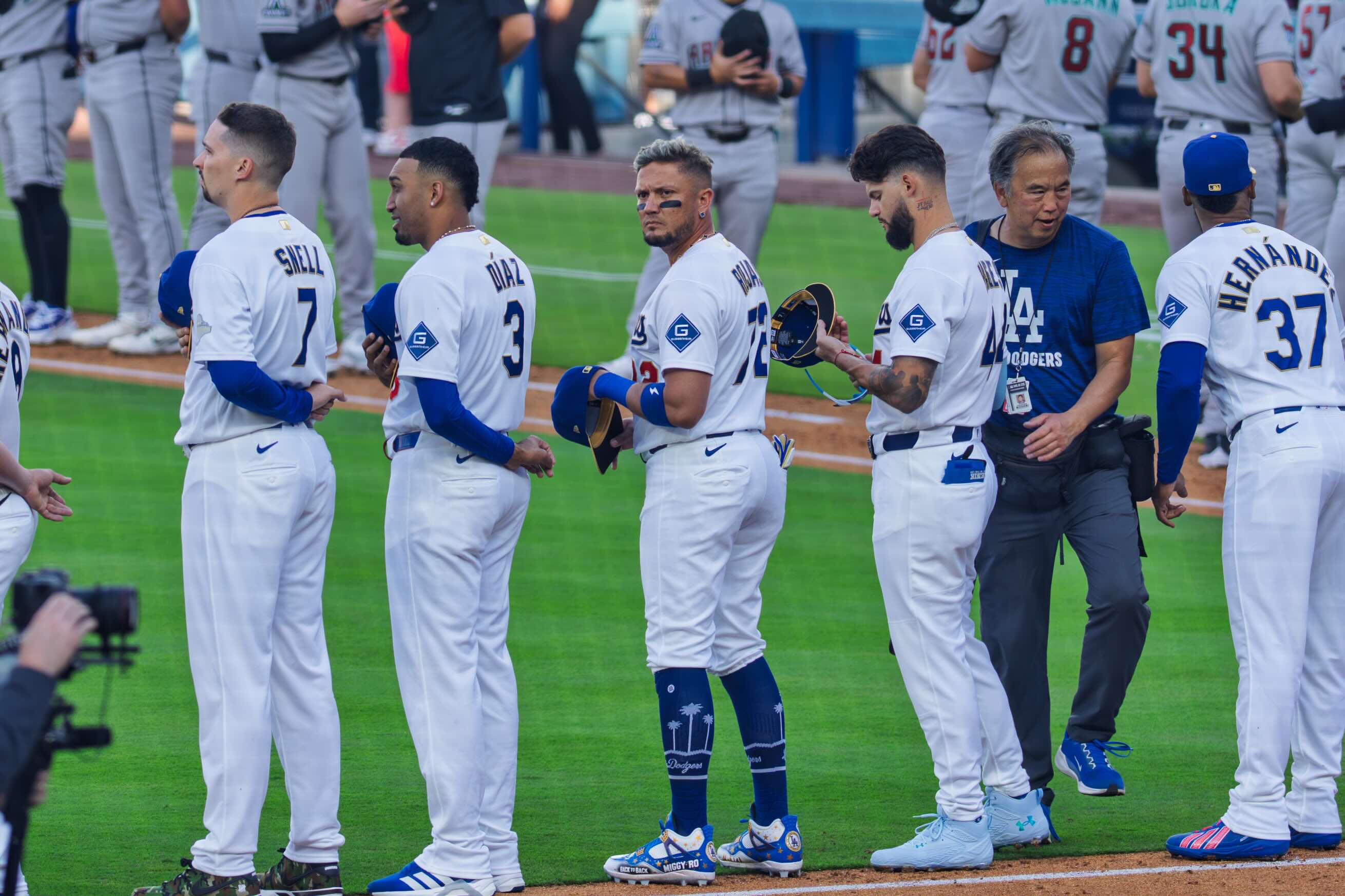 Dodgers players lined up for the national anthem